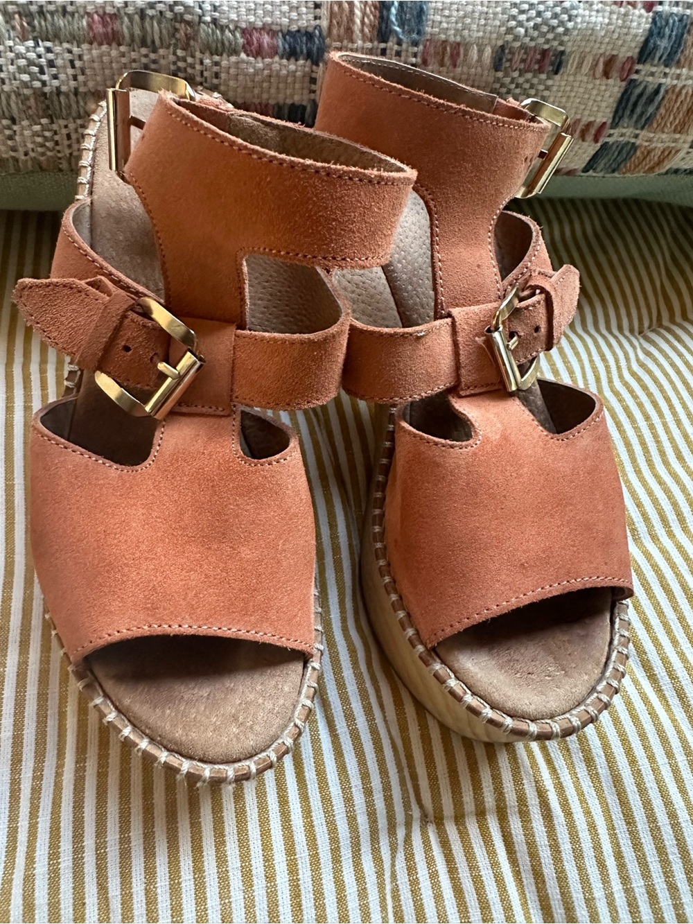 Free People Rust Orange Suede Platform Sandals with Gold Buckles